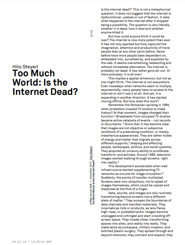 cover of the article Too Much World Is The Internet Dead by Hito Steyerl